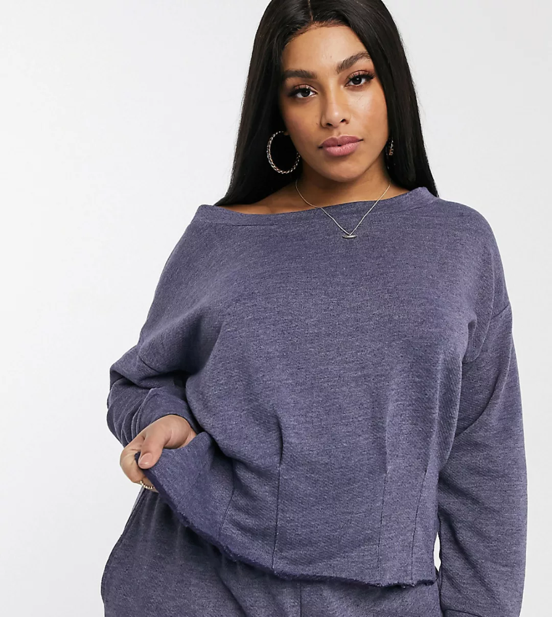 ASOS DESIGN – Curve – Schulterfreies, ungesäumtes Sweatshirt-Marineblau günstig online kaufen