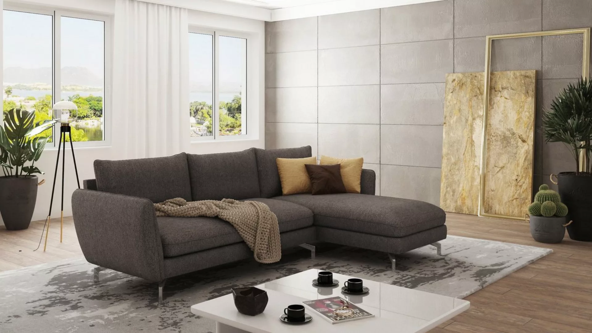 S-Style Möbel Ecksofa Benita mit Silber Metall Füßen, Ottomane links oder r günstig online kaufen