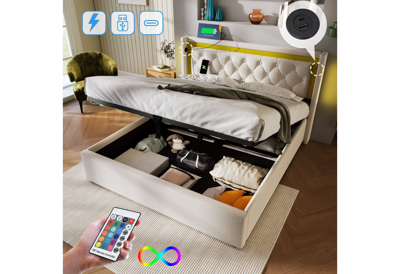 BlingBin Boxspringbett Stauraumbett Polsterbett (1-St., mit USB Typ C Ladef günstig online kaufen