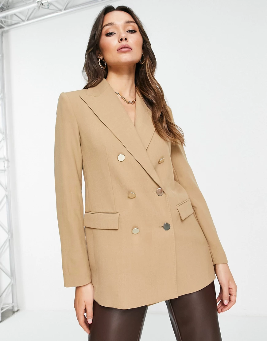 Mango – Eleganter, zweireihiger Blazer in Kamelbraun-Neutral günstig online kaufen