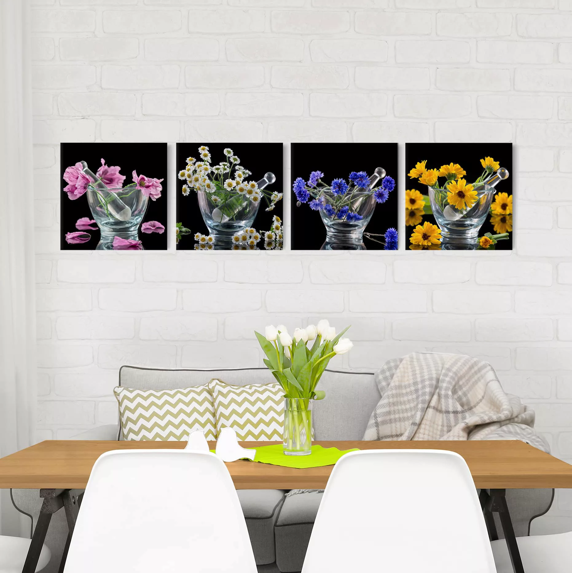 4-teiliges Leinwandbild Blumen - Quadrat Blumen im Mörser günstig online kaufen