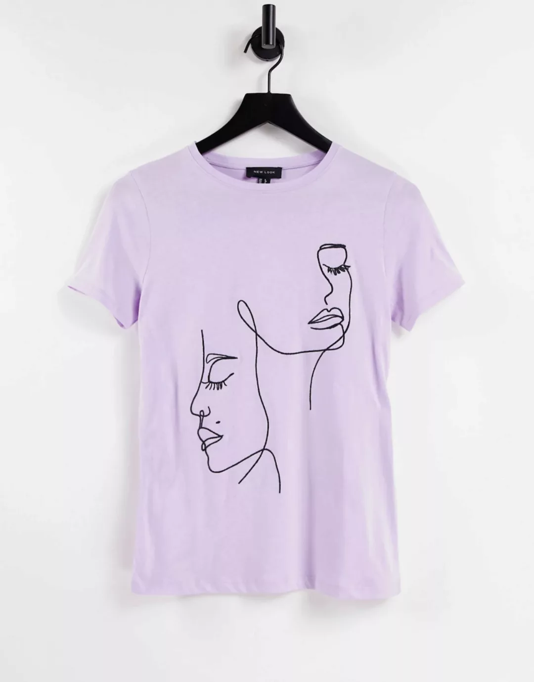 New Look – Besticktes T-Shirt in Flieder mit abstraktem Gesichtsmotiv-Viole günstig online kaufen