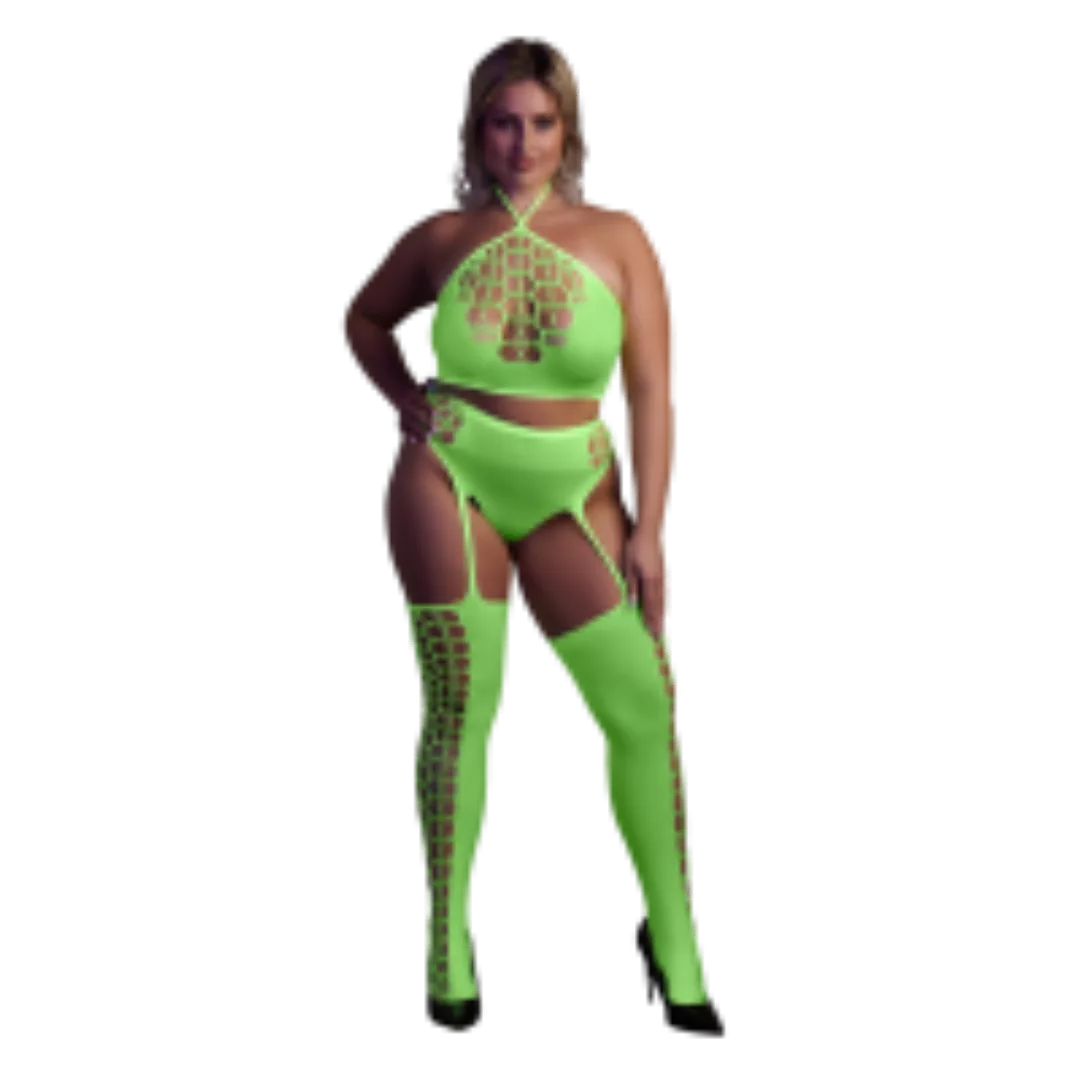 Two Piece with Crop Top and Stockings - Plus Size - Neon Green günstig online kaufen