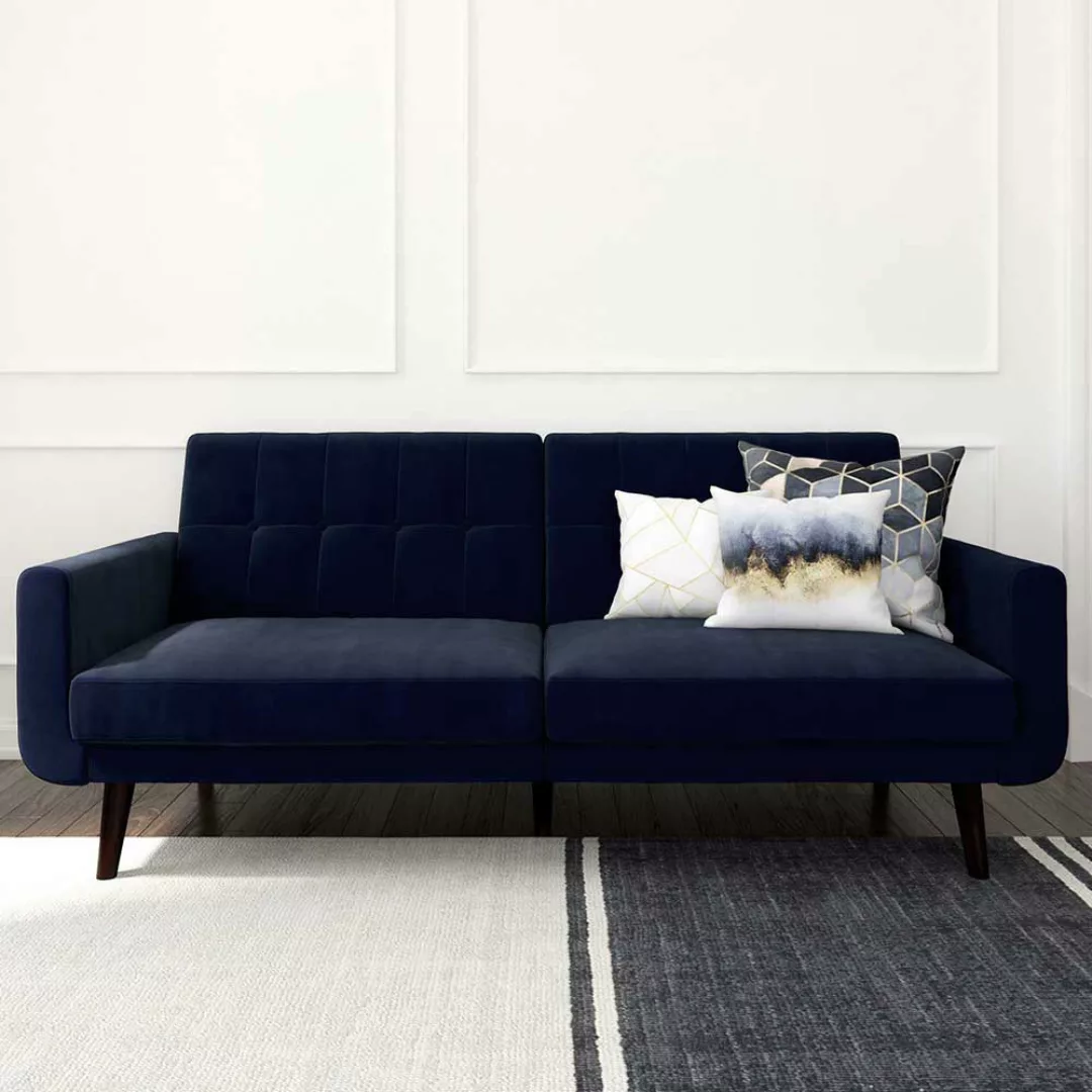 Ausklappbares Sofa Retro in Blau Samt Fußgestell aus Holz günstig online kaufen