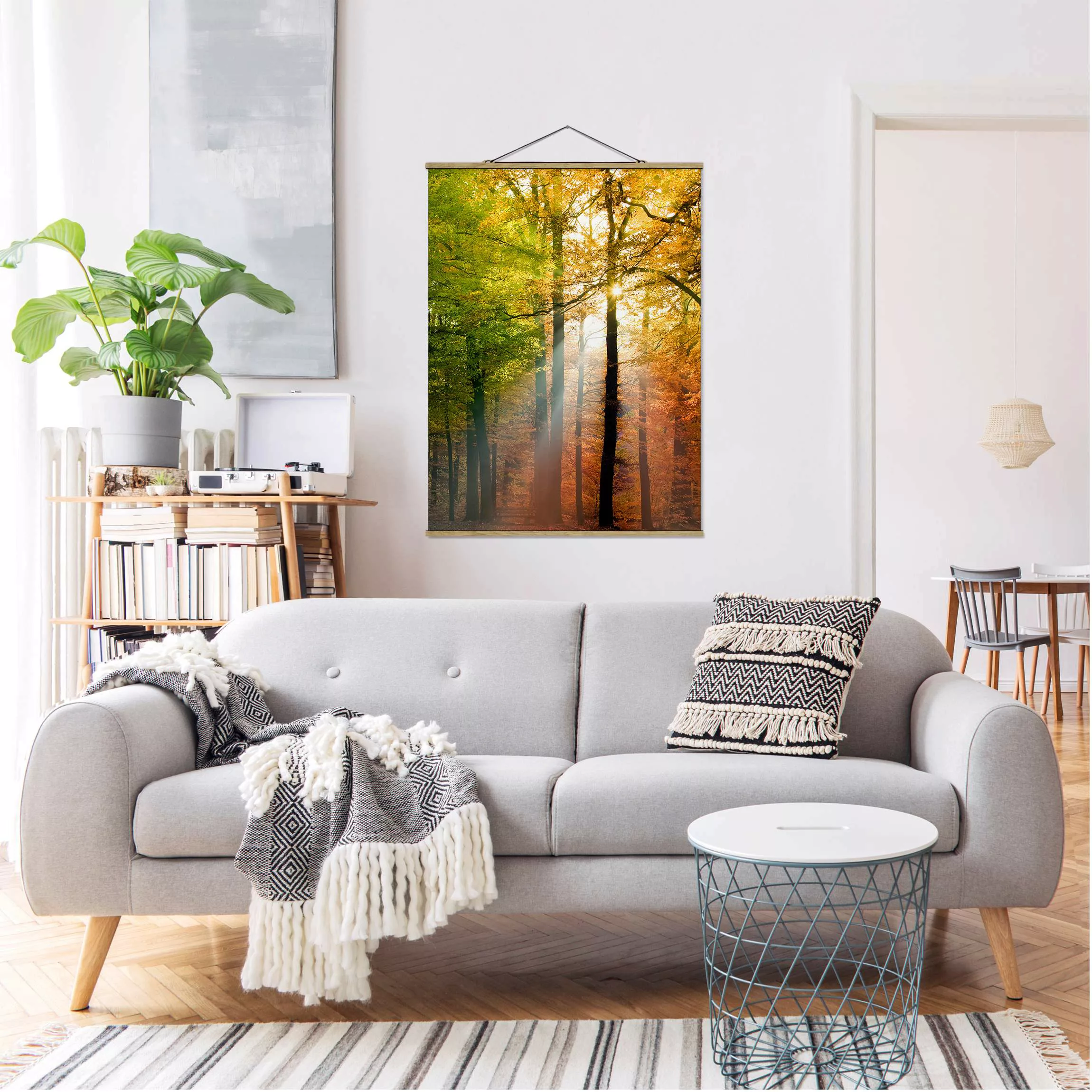 Stoffbild Wald mit Posterleisten - Hochformat Morning Light günstig online kaufen