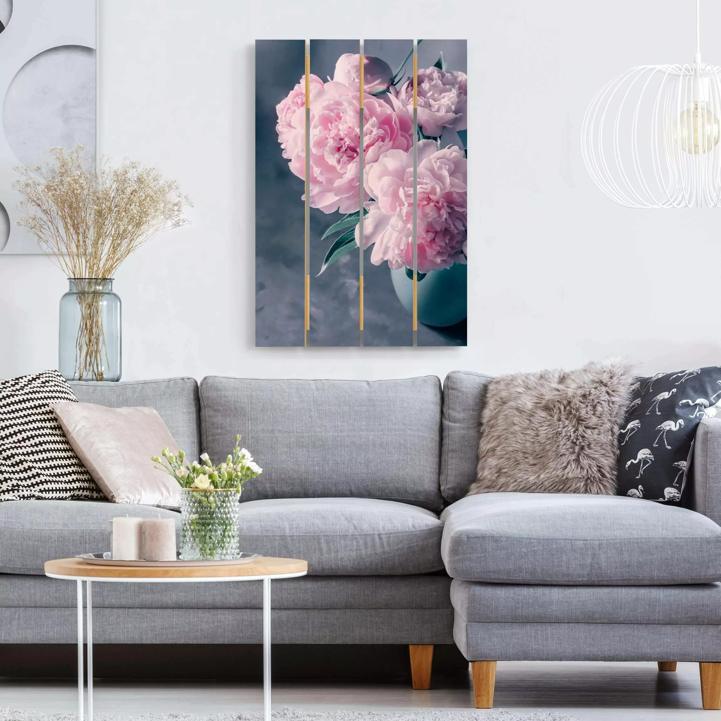 Holzbild Plankenoptik Blumen - Hochformat Vase mit Rosa Pfingstrosen Shabby günstig online kaufen