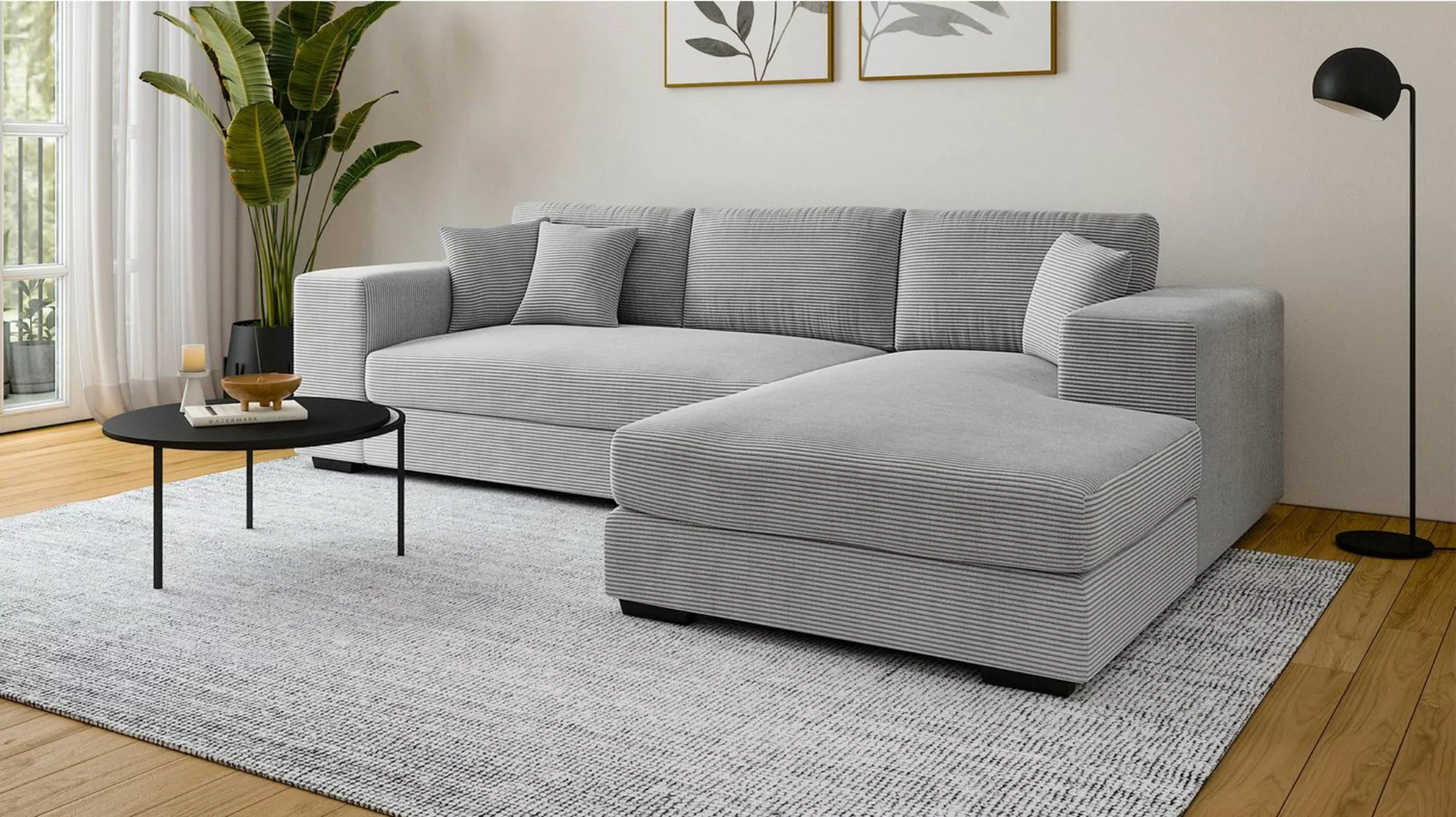 Massivart® Ecksofa EDEN Cord hellgrau / 286 cm, Cordsofa, Wellenunterfederu günstig online kaufen