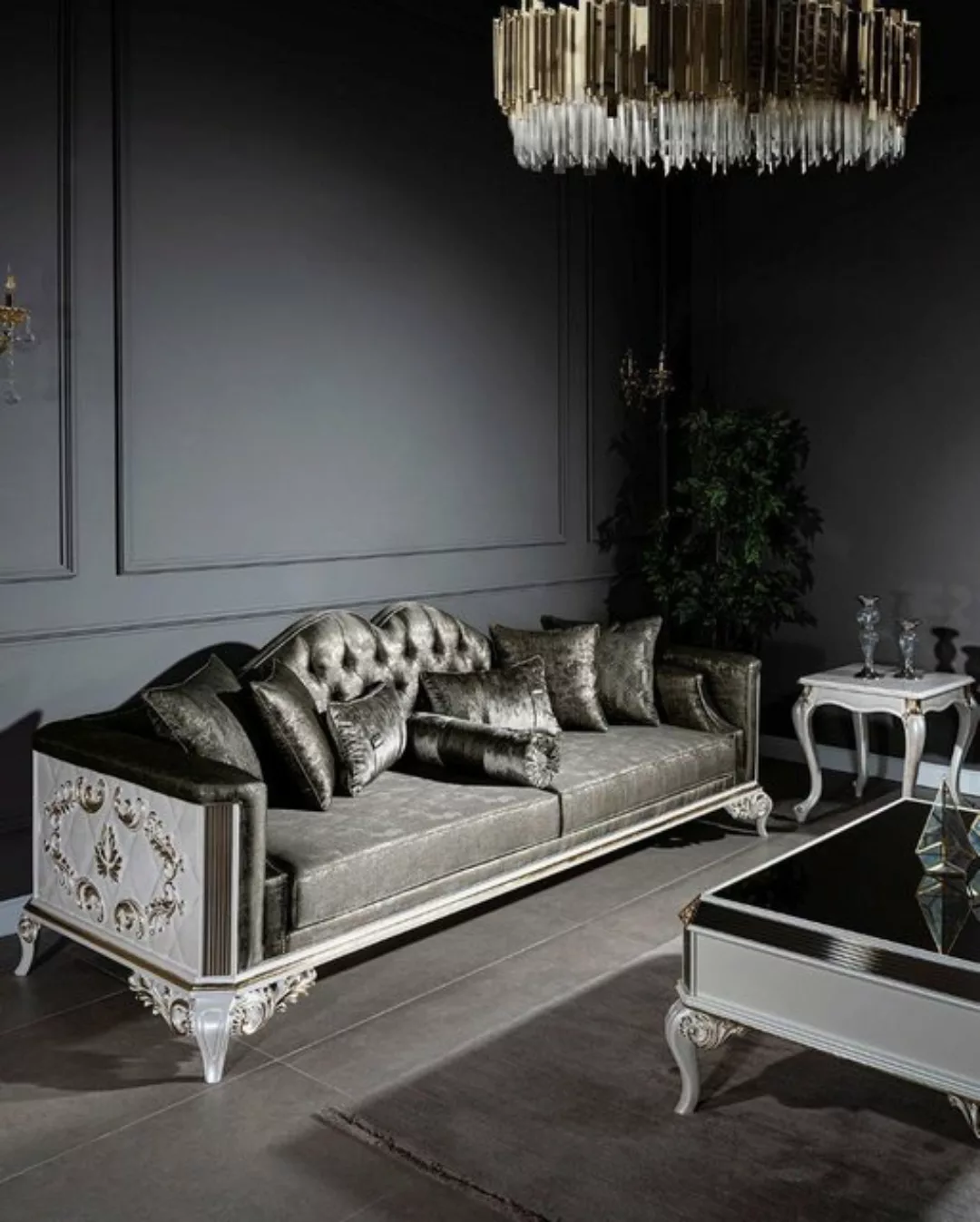 Casa Padrino Sofa Luxus Barock Sofa Grün / Weiß / Gold 255 x 92 x H. 91 cm günstig online kaufen