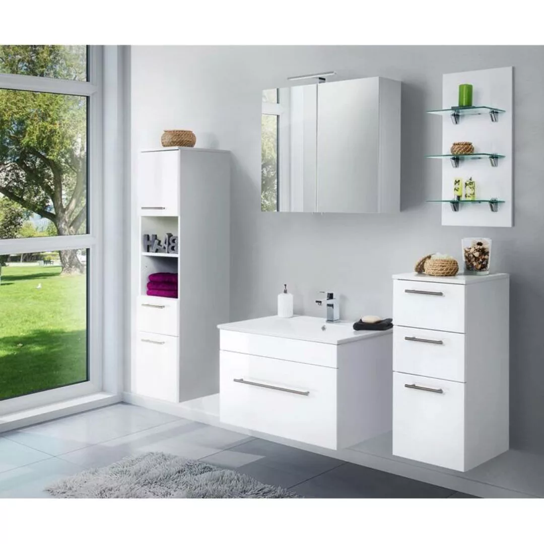 Lomadox Badezimmer Möbel Set LAGOS-02 Hochglanz weiß, 75cm Keramikwaschtisc günstig online kaufen