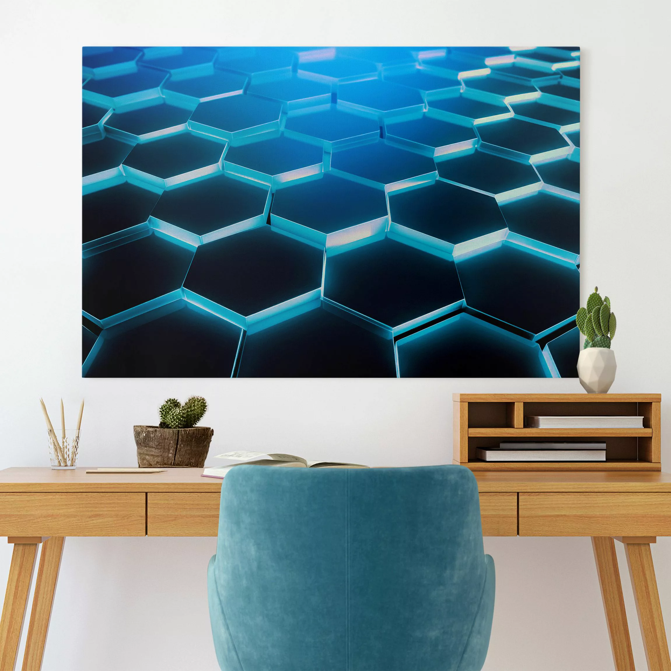 Leinwandbild Hexagone mit Neonlicht in Türkis günstig online kaufen