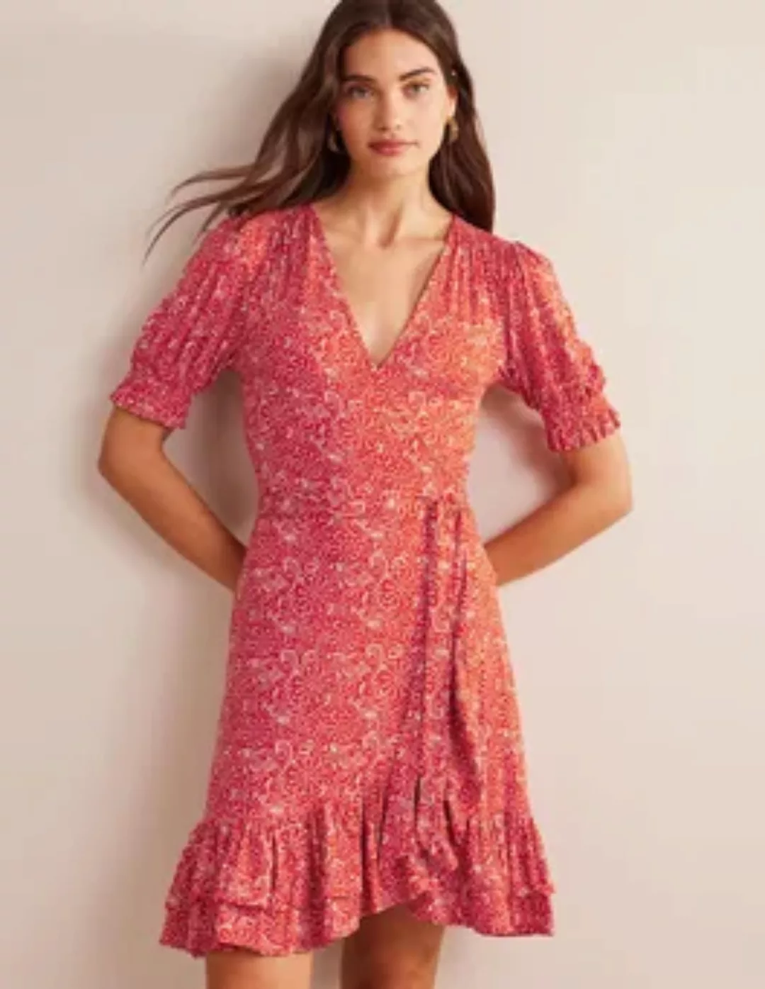 Jersey-Minikleid mit Wickeloptik und Rüschen Damen Boden, Zinnoberrot, Popm günstig online kaufen