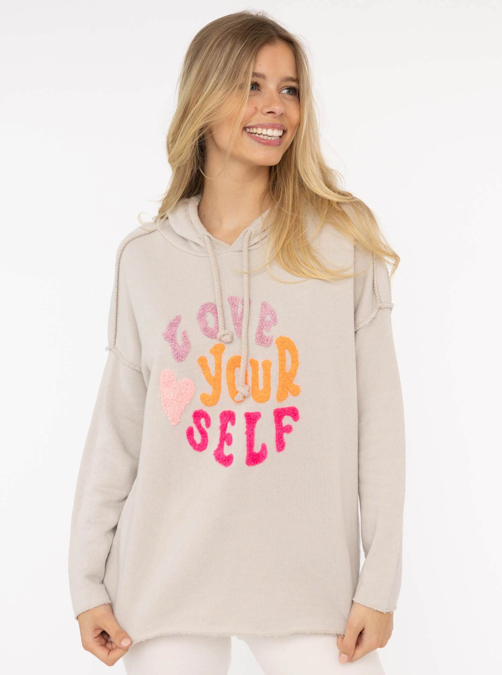 Zwillingsherz Hoodie ""Love Yourself"", Kapuze, Flockprint, Langarm, Kordel günstig online kaufen