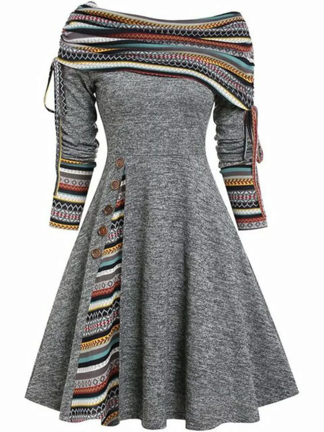 KIKI A-Linien-Kleid Schulterfreies Kleid im Vintage-Stil, bedrucktes Patchw günstig online kaufen