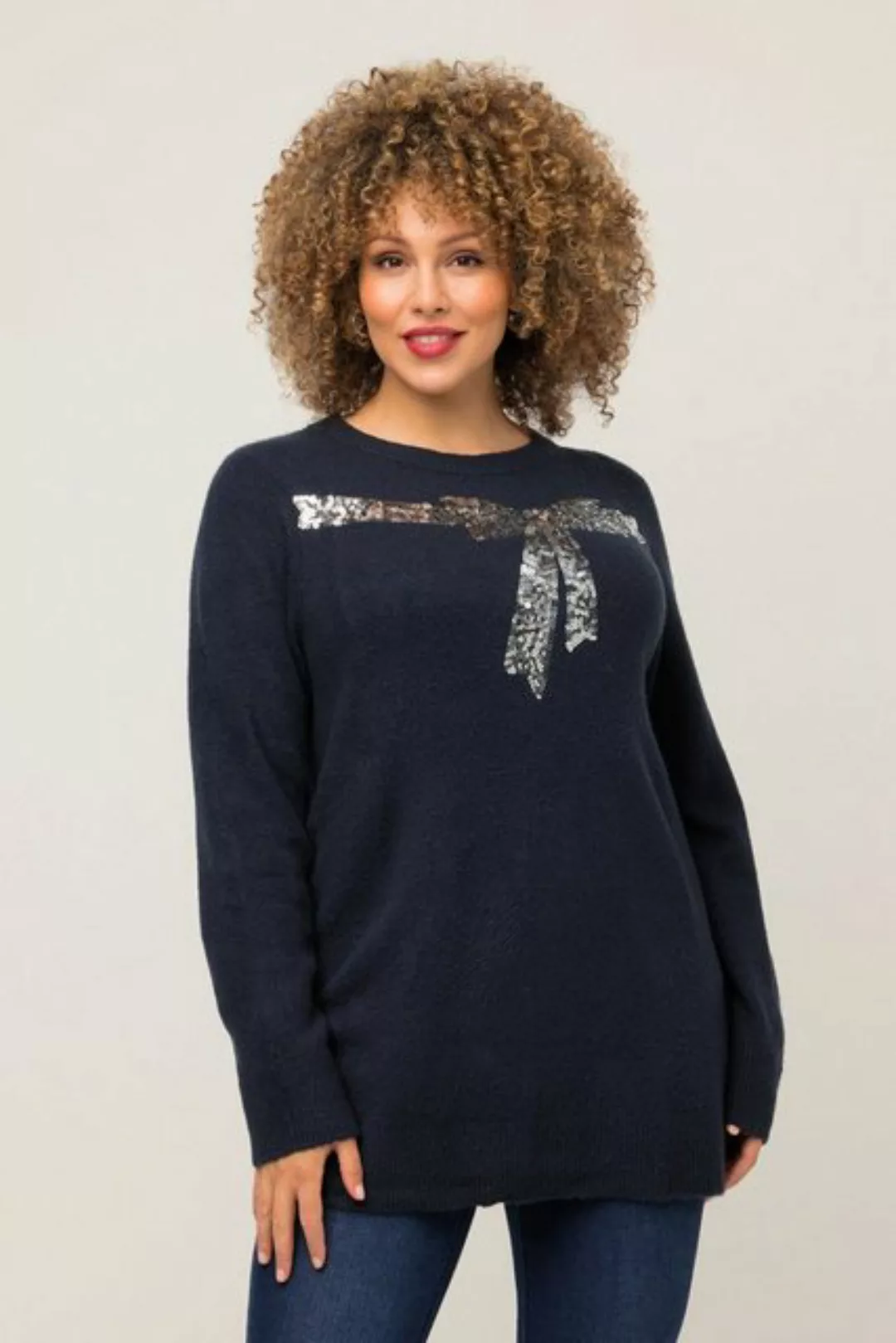 Ulla Popken Strickpullover Pullover Pailletten-Schleife Rundhals Langarm günstig online kaufen