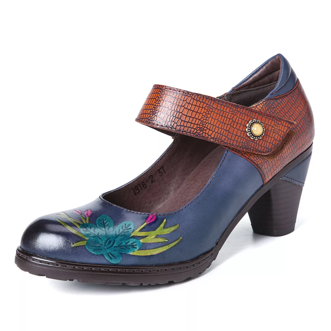 SOCOFY Retro Malerei Stil Blume verziert Zarte Schnalle Echte Leder Pumps günstig online kaufen