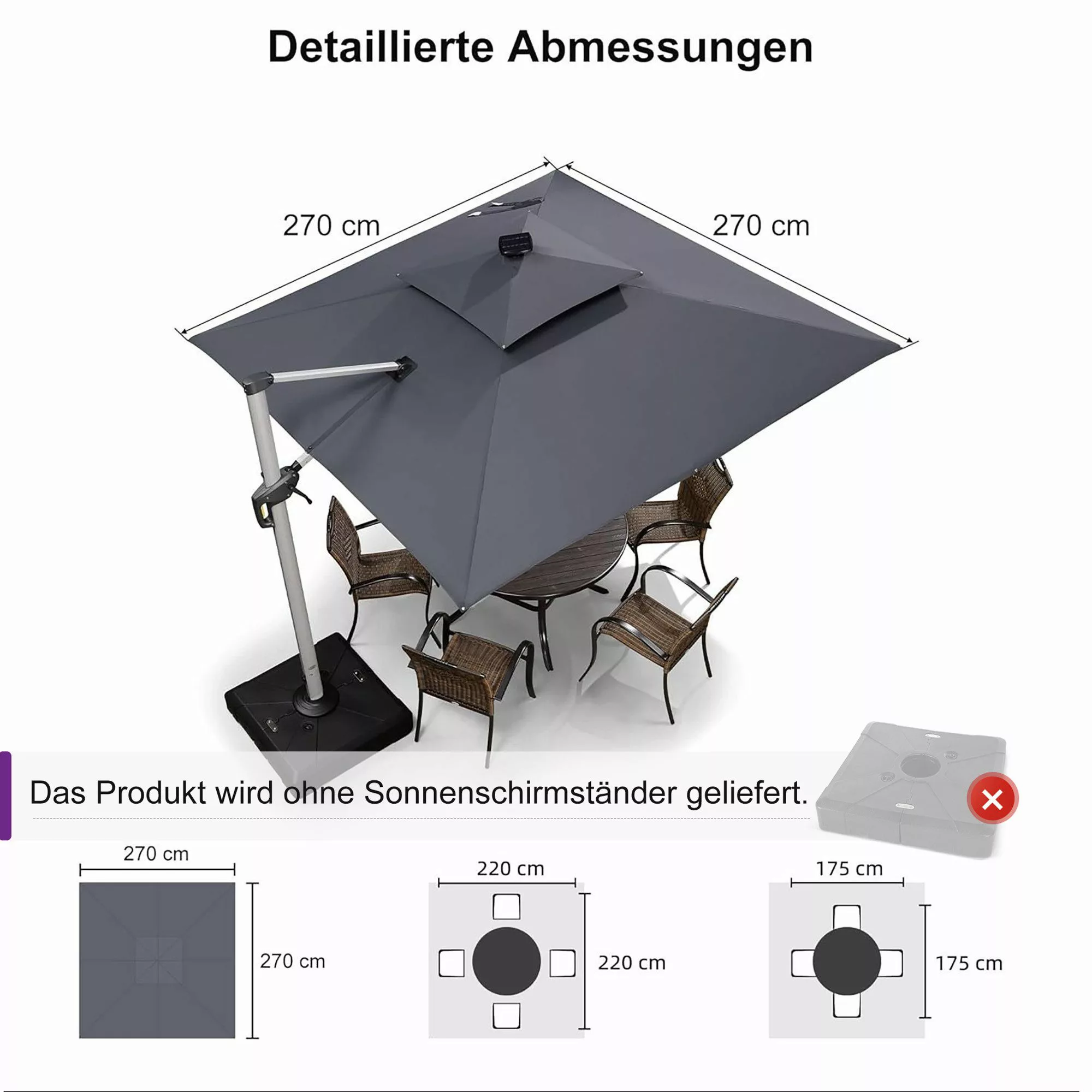 PURPLE LEAF Ampelschirm Quadratischer Außenbereich Sonnenschirm, günstig online kaufen