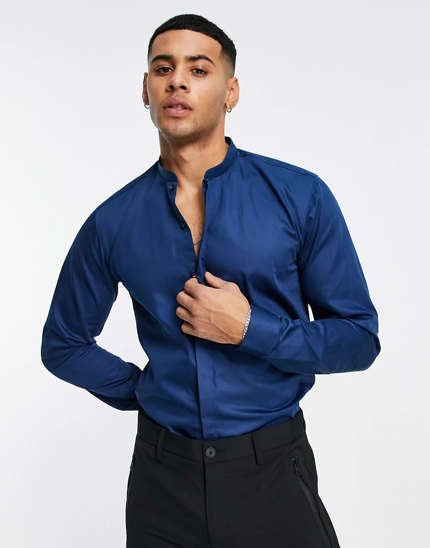 HUGO – Enrique – Schmal geschnittenes Hemd mit Grandad-Kragen-Blau günstig online kaufen