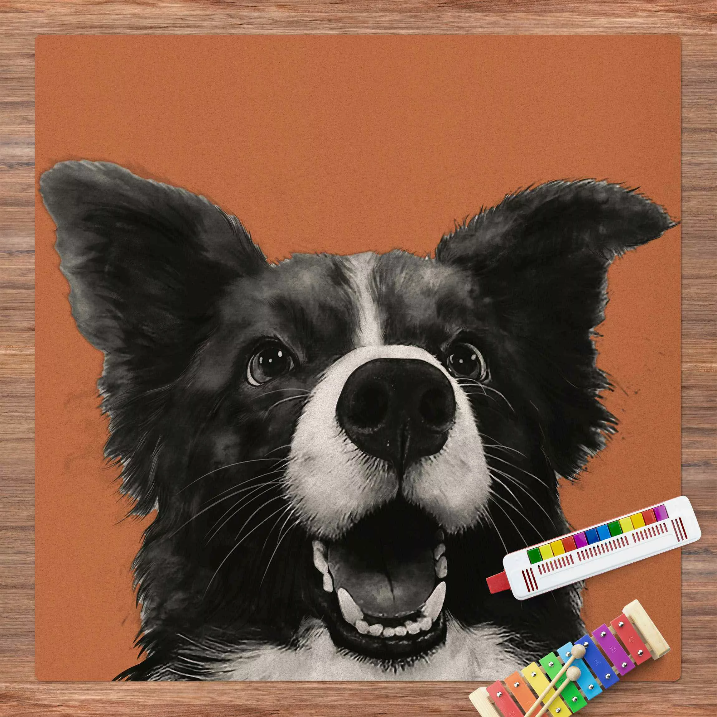 Kork-Teppich Illustration Hund Border Collie Schwarz Weiß Malerei günstig online kaufen