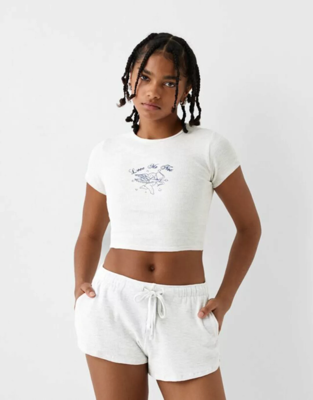 Bershka T-Shirt Aus Waffelgewebe Mit Kurzen Ärmeln Damen 10-12 Grau günstig online kaufen