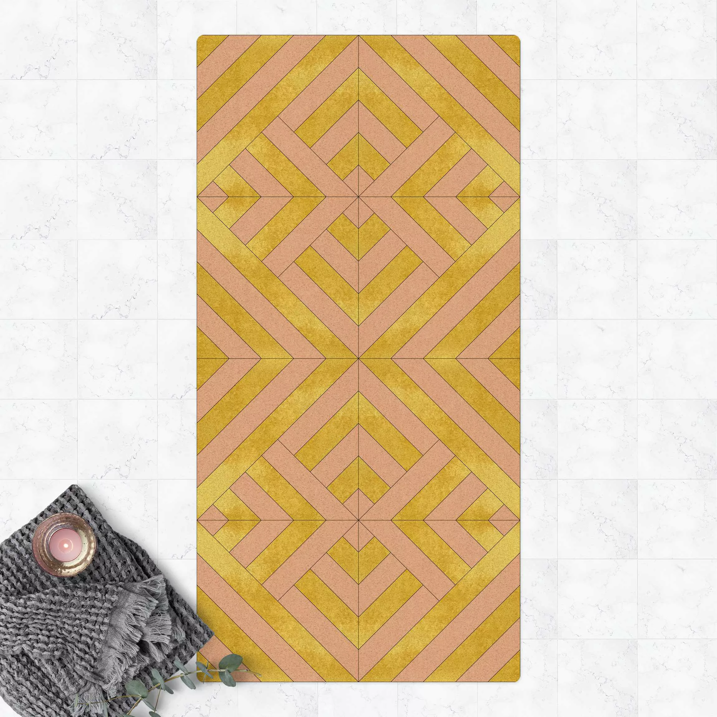 Kork-Teppich Geometrischer Fliesenmix Art Deco Gold günstig online kaufen