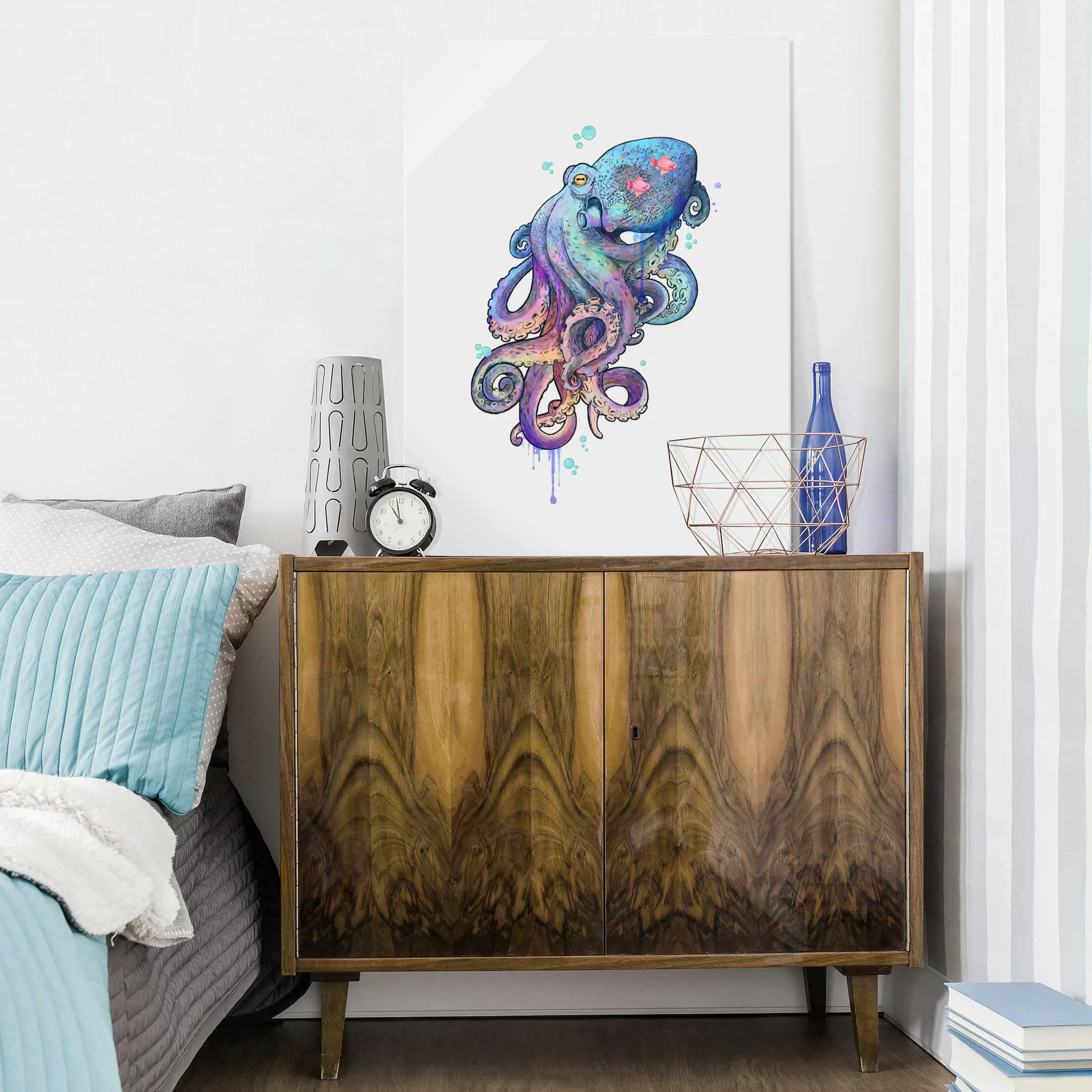 Glasbild - Hochformat Illustration Oktopus Violett Türkis Malerei günstig online kaufen