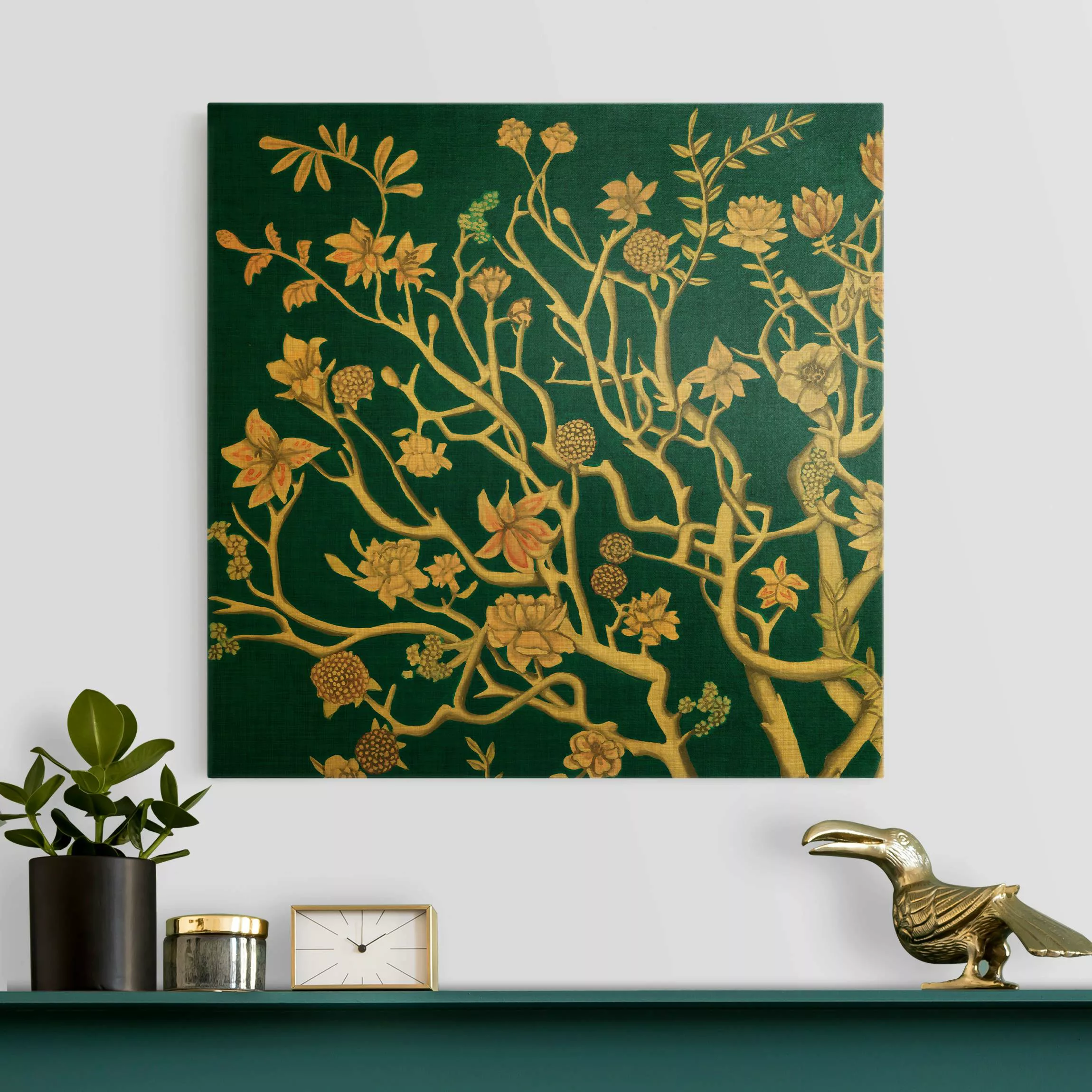 Leinwandbild Gold Chinoiserie Blumen in der Nacht I günstig online kaufen