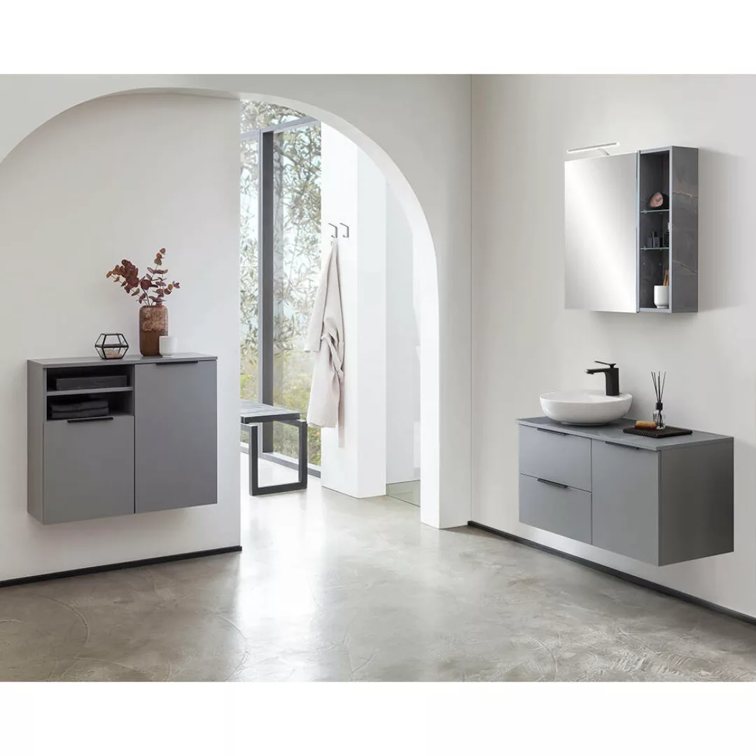 Badmöbel Set in grau ALMATY-80 Spiegelschrank mit Beleuchtung, Waschtisch m günstig online kaufen
