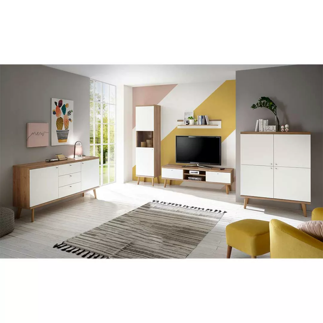 Wohnzimmer Kombination im Skandi Design Weiß und Eiche (fünfteilig) günstig online kaufen