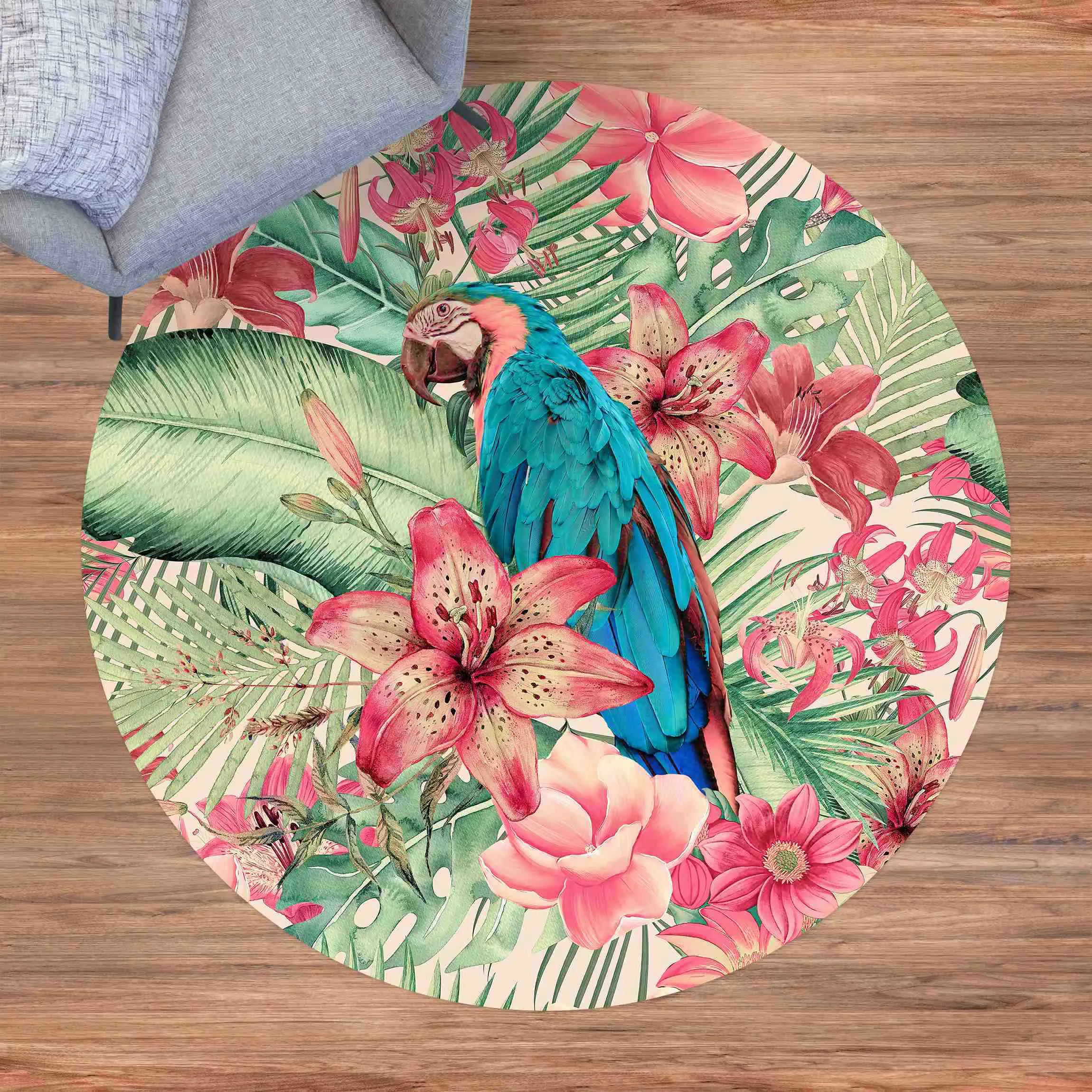 Runder Vinyl-Teppich Blumenparadies tropischer Papagei günstig online kaufen