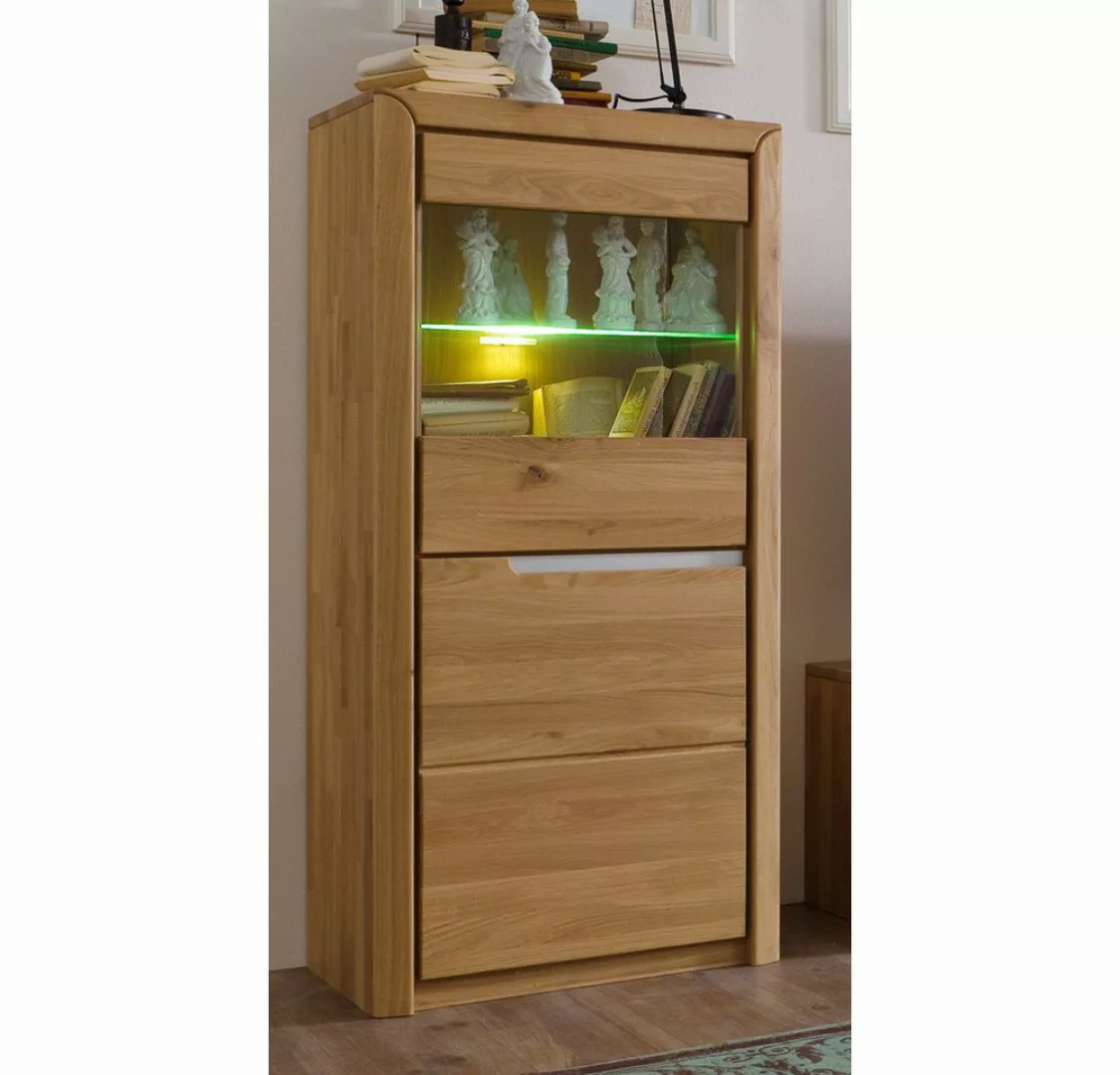 Lomadox Vitrine FOGGIA-52 Wildeiche massiv mit Beleuchtung 63/134/41 cm günstig online kaufen