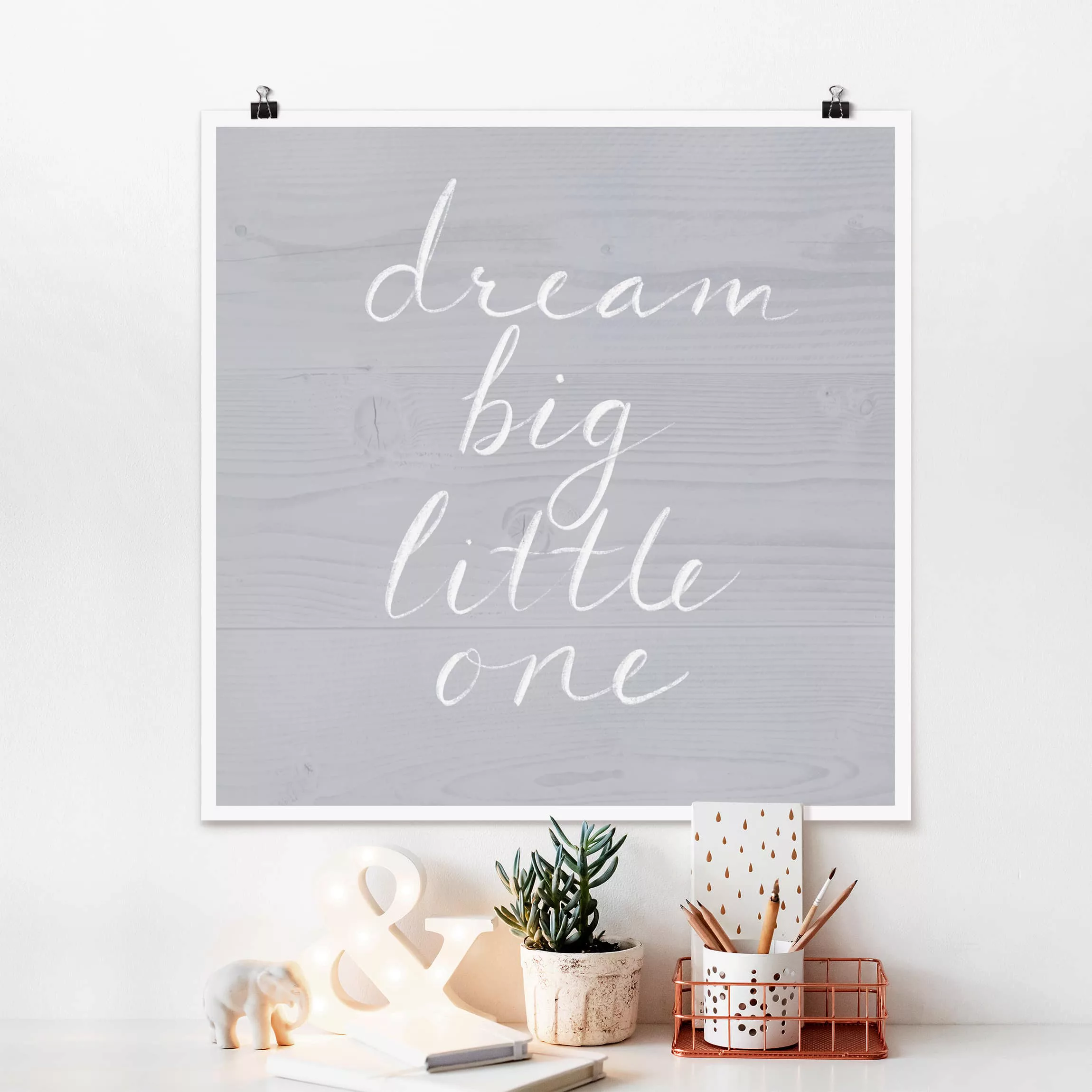 Poster Kinderzimmer - Quadrat Holzwand grau - Dream big günstig online kaufen