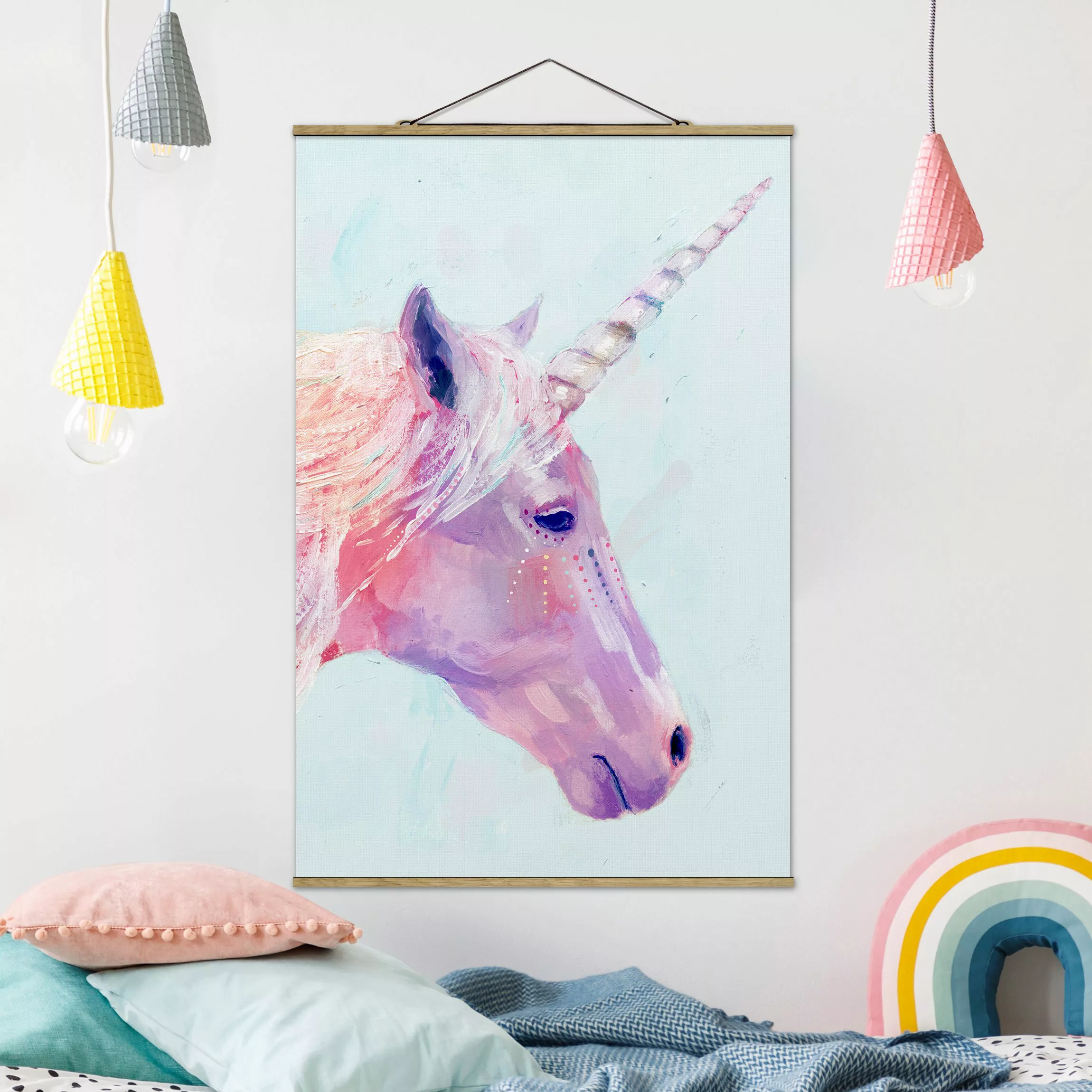 Stoffbild Tiere mit Posterleisten - Hochformat Mystisches Einhorn I günstig online kaufen