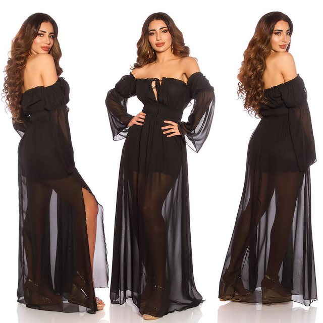 Koucla Off-Shoulder-Kleid schwarz lang mit Schlitz sexy Carmen Ausschnitt s günstig online kaufen