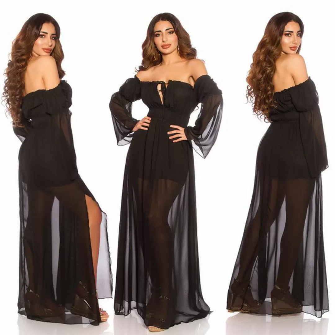 Koucla Off-Shoulder-Kleid schwarz lang mit Schlitz sexy Carmen Ausschnitt s günstig online kaufen