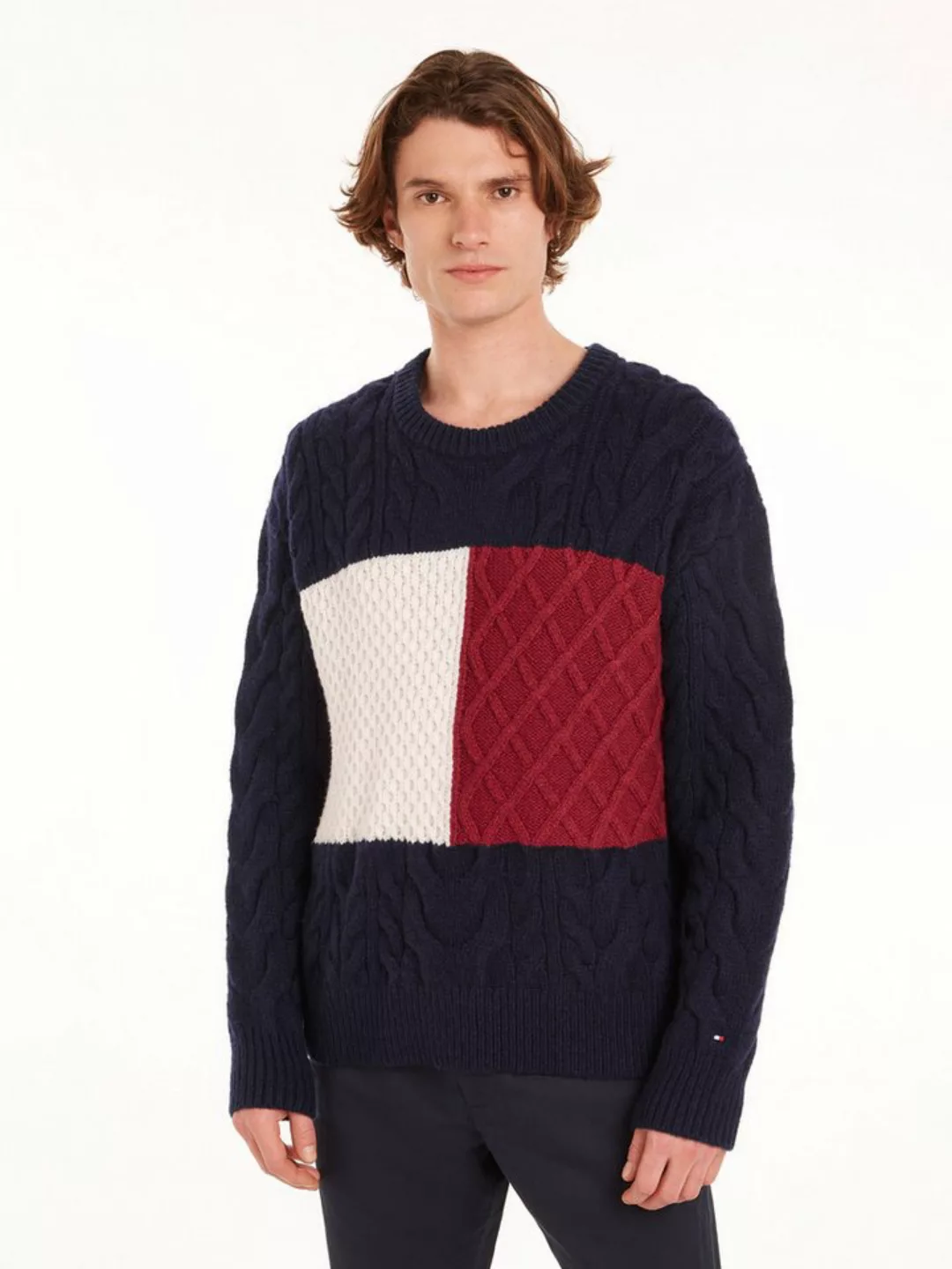 Tommy Hilfiger Rundhalspullover CABLE FLAG SWEATER mit Colorblocking-Design günstig online kaufen