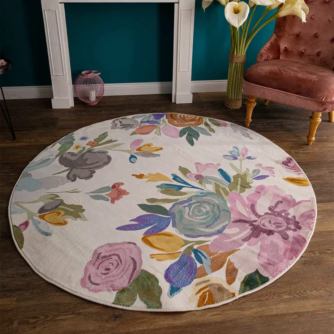 Bunter Kurzflor Teppich mit Blumen Motiv 160 cm Durchmesser günstig online kaufen