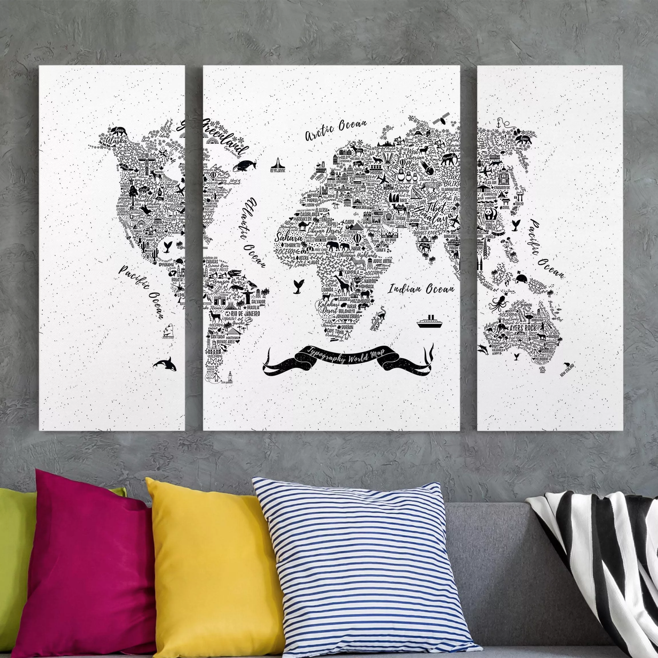 3-teiliges Leinwandbild Weltkarte - Querformat Typografie Weltkarte weiß günstig online kaufen