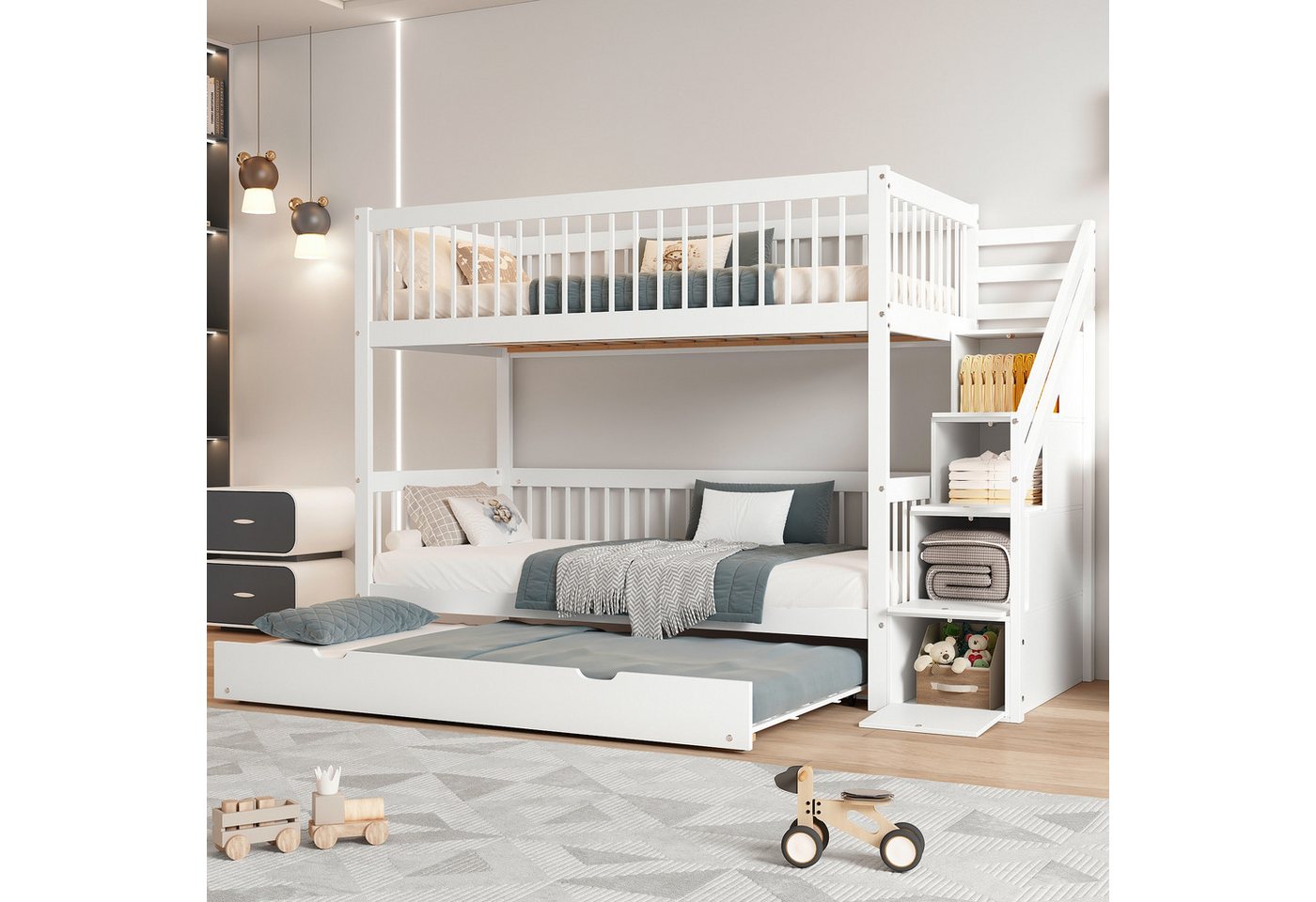 Flieks Etagenbett, Kinderbett 90x200cm mit Stauraumtreppe und Ausziehbett 9 günstig online kaufen
