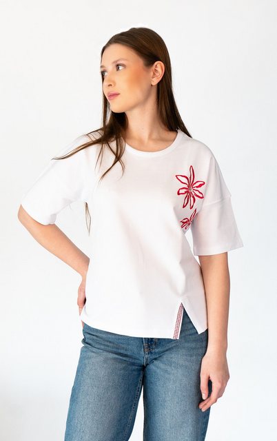 Passioni T-Shirt mit roter Floralstickerei günstig online kaufen