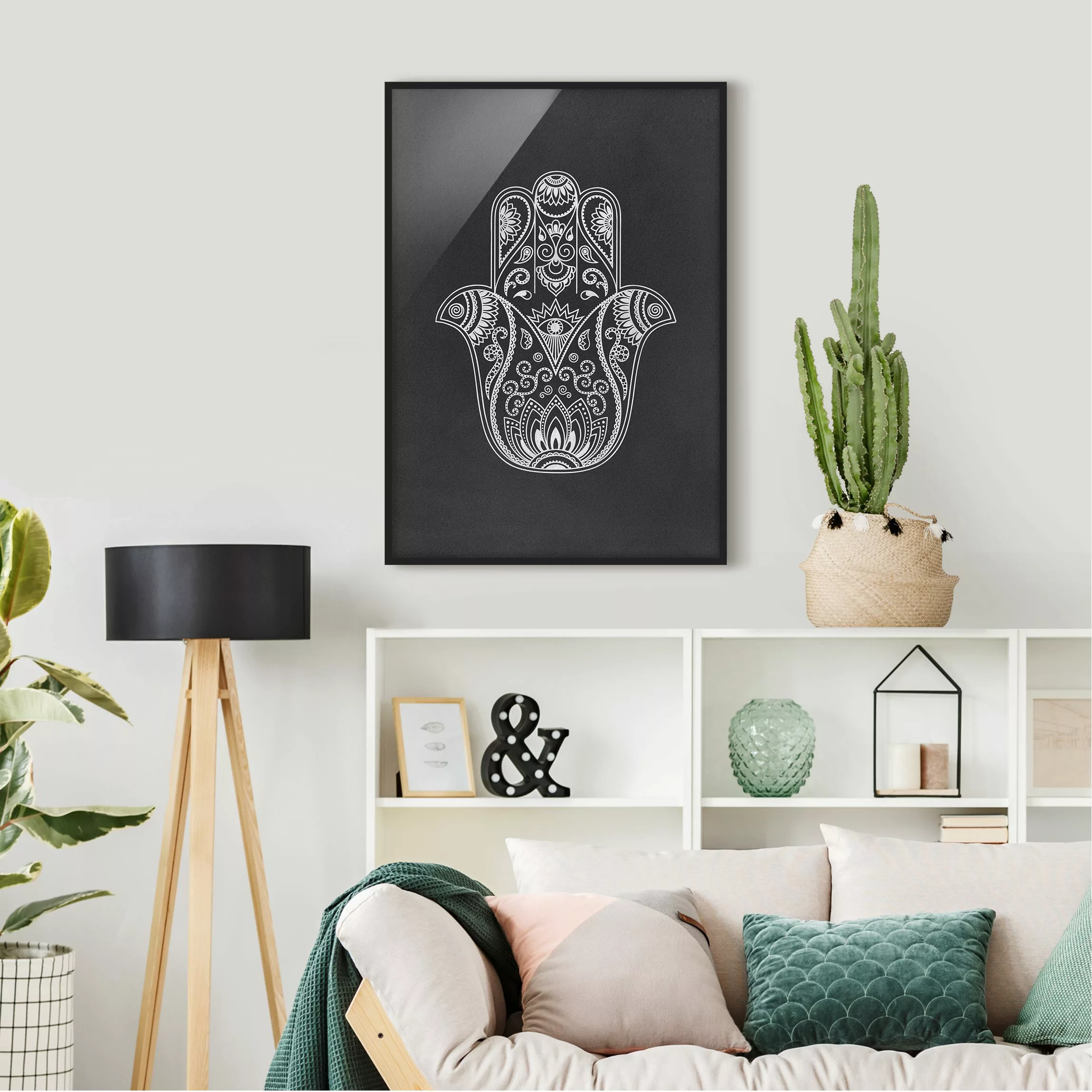 Bild mit Rahmen Schwarz-Weiß - Hochformat Hamsa Hand Illustration weiß schw günstig online kaufen