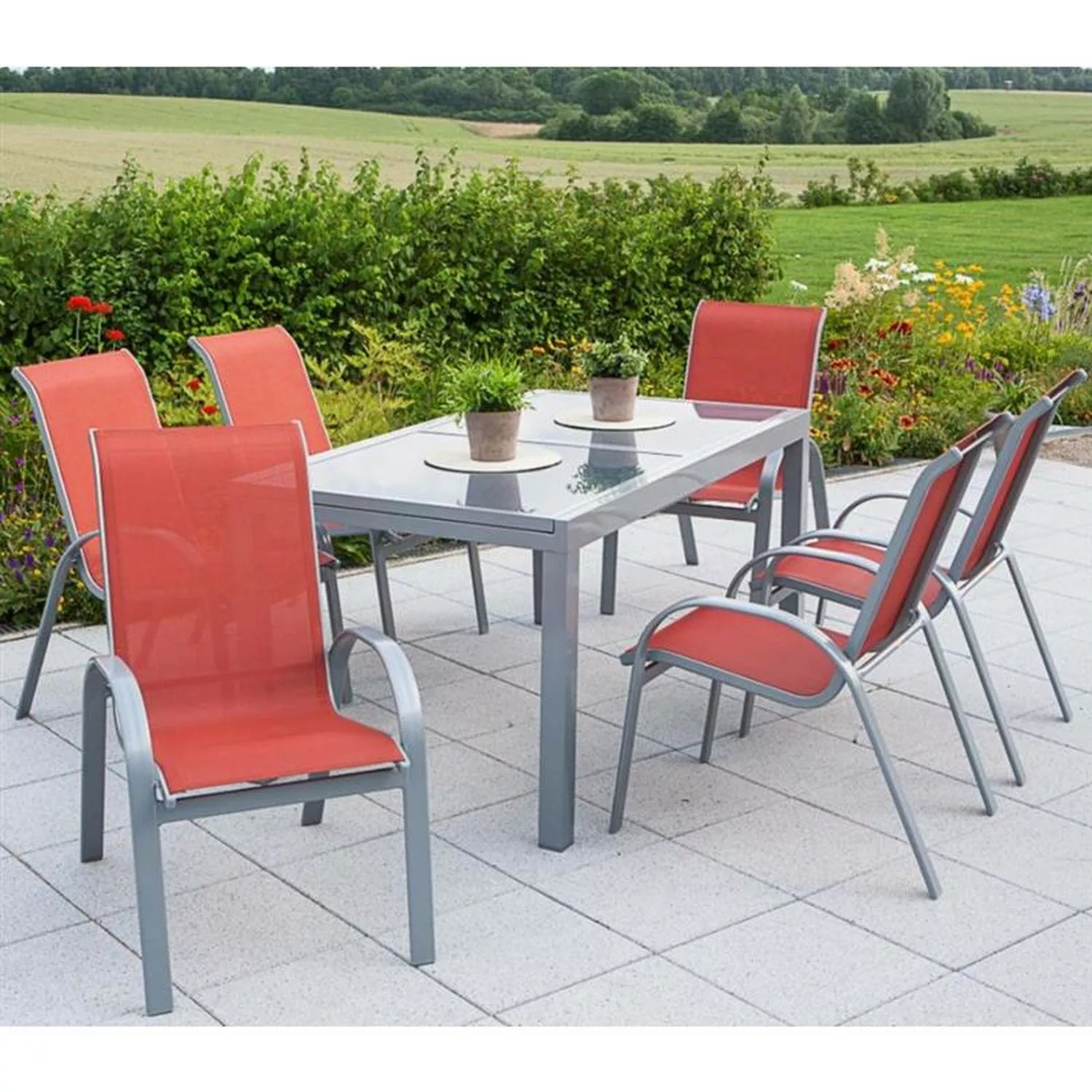 Gartenmöbel Set 7-teilig, Gartentisch 140cm bis 200cm 6x Stühle terracotta günstig online kaufen