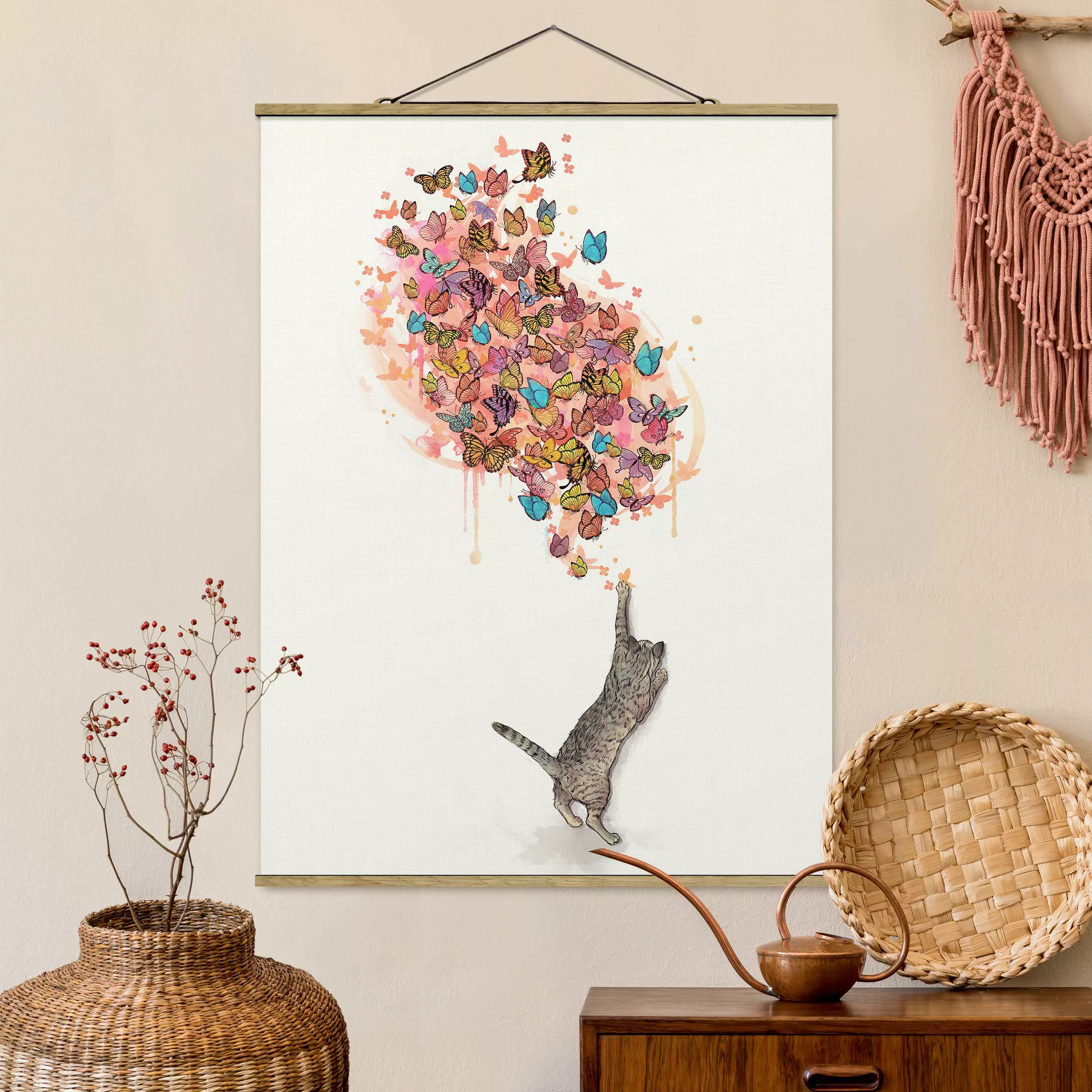 Stoffbild Tiere mit Posterleisten - Hochformat Illustration Katze mit bunte günstig online kaufen