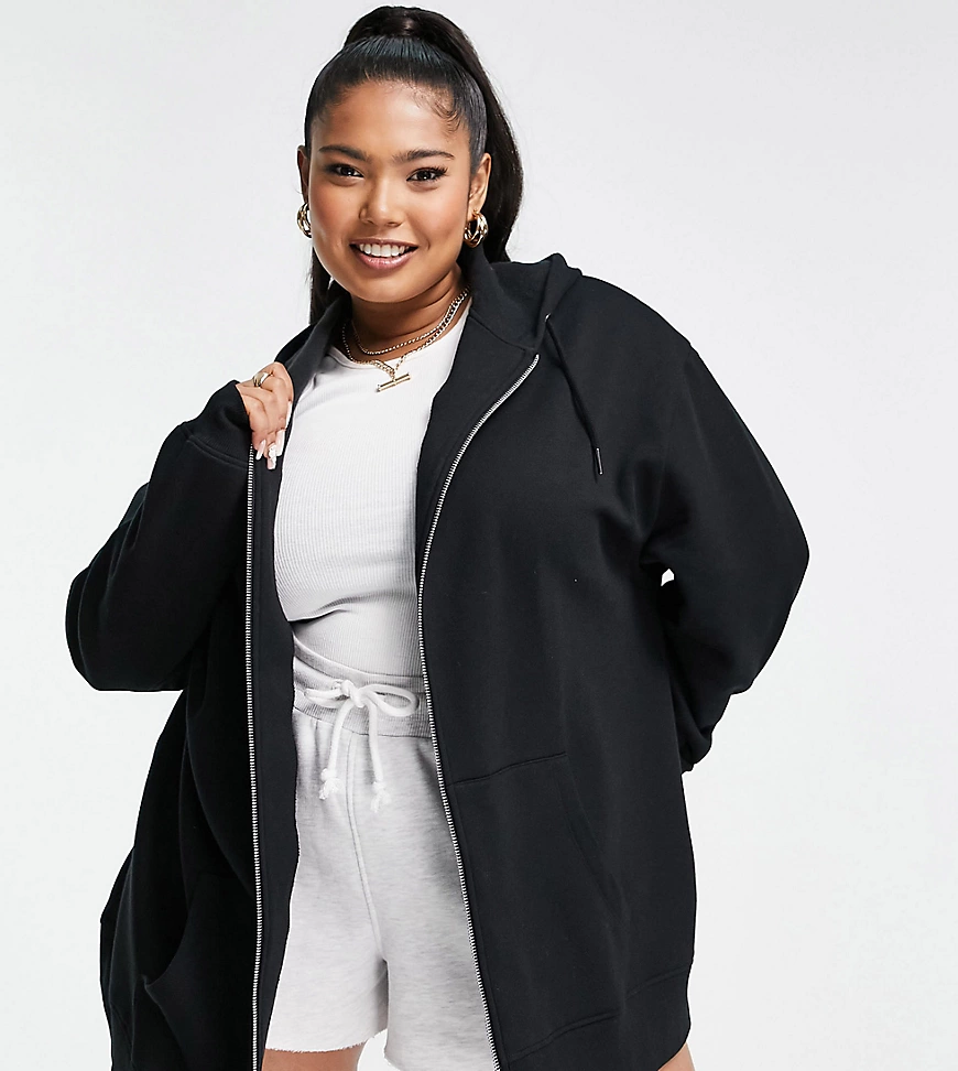 ASOS DESIGN Curve – Oversize-Kapuzenjacke mit Reißverschluss in Schwarz günstig online kaufen