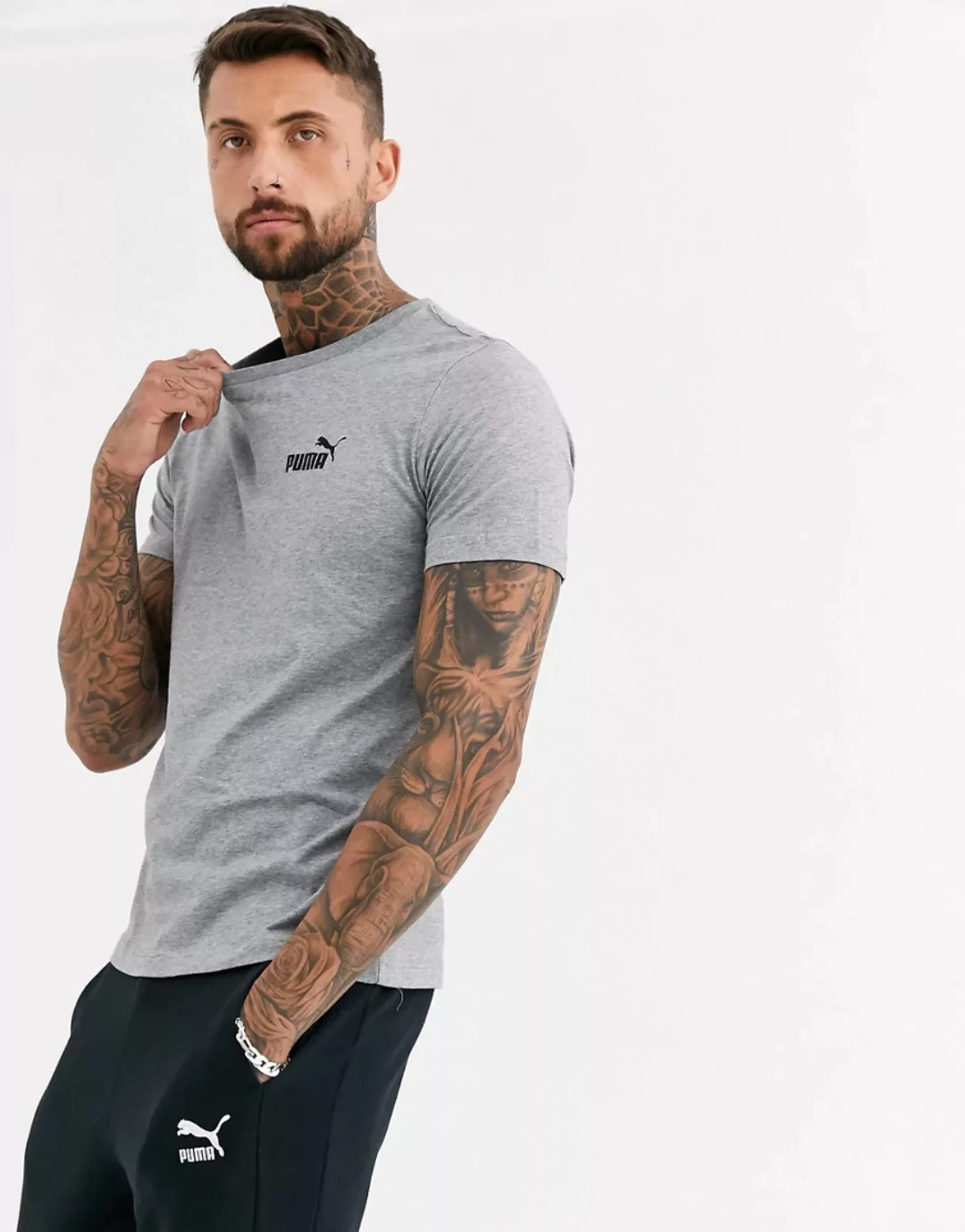 Puma – Essentials – Graues T-Shirt mit kleinem Logo günstig online kaufen