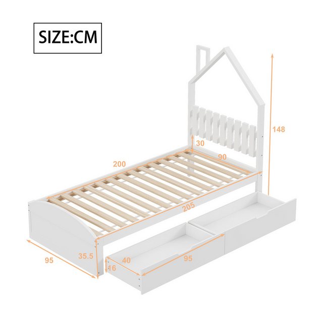 Ulife Holzbett Kinderbett Jugendbett mit 2 Schubladen, Haus-Form Kopfteil, günstig online kaufen