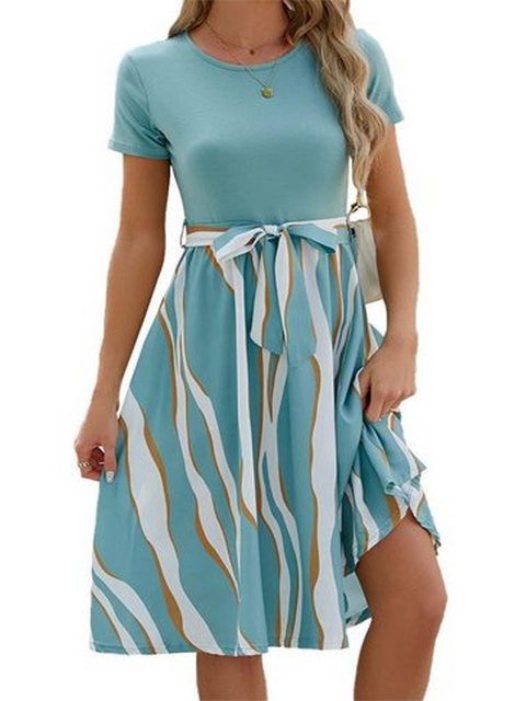 KIKI Sommerkleid Damen Rundhals-Muster-Kleid Partykleid, kurzärmeliges Midi günstig online kaufen