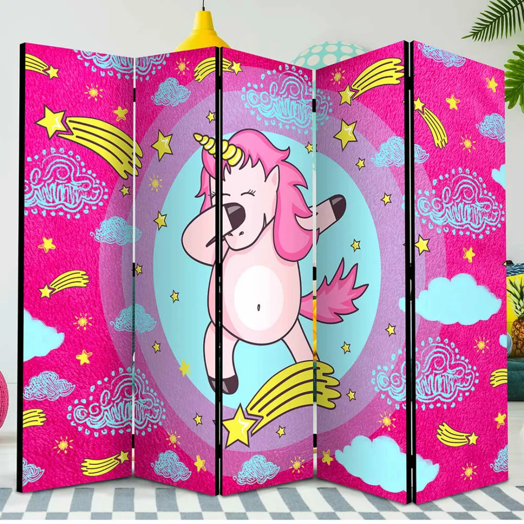 Einhorn Paravent Raumteiler in Pink und Bunt Leinwand Füllung günstig online kaufen