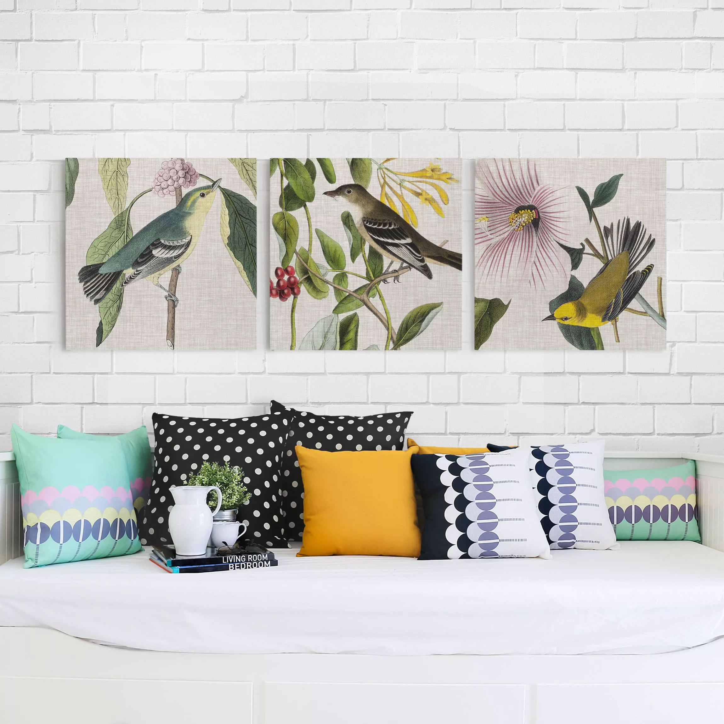 3-teiliges Leinwandbild Blumen - Quadrat Vögel auf Leinen Set I günstig online kaufen