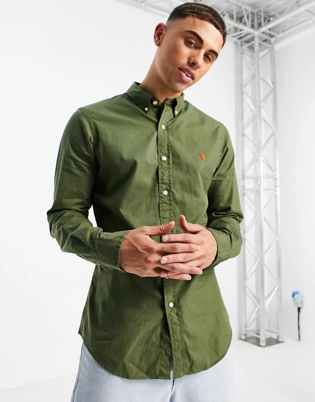 Polo Ralph Lauren – Schmal geschnittenes Twill-Hemd in Grün mit Markenlogo günstig online kaufen