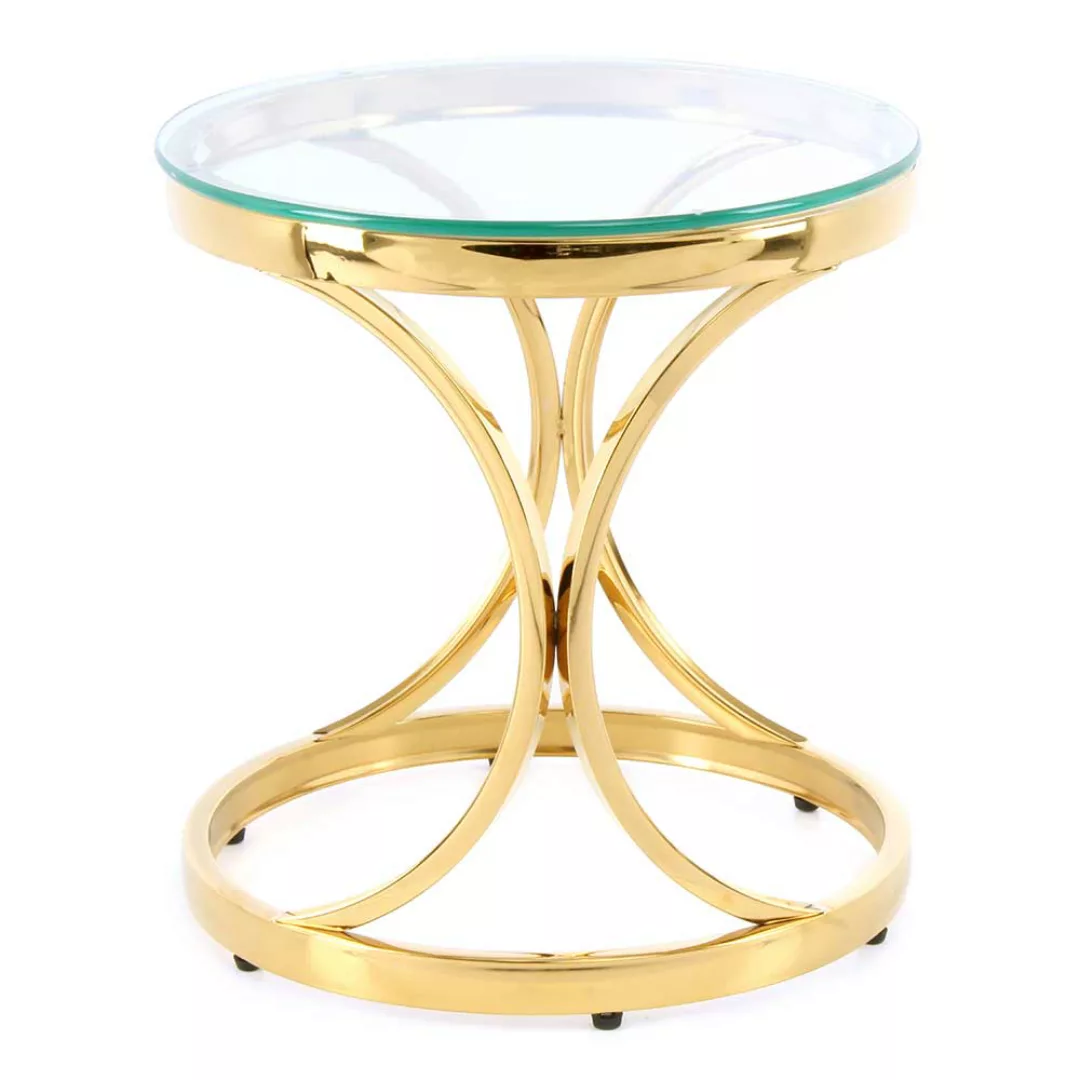Glas Tisch mit runder Klarglasplatte Ringgestell in Goldfarben günstig online kaufen